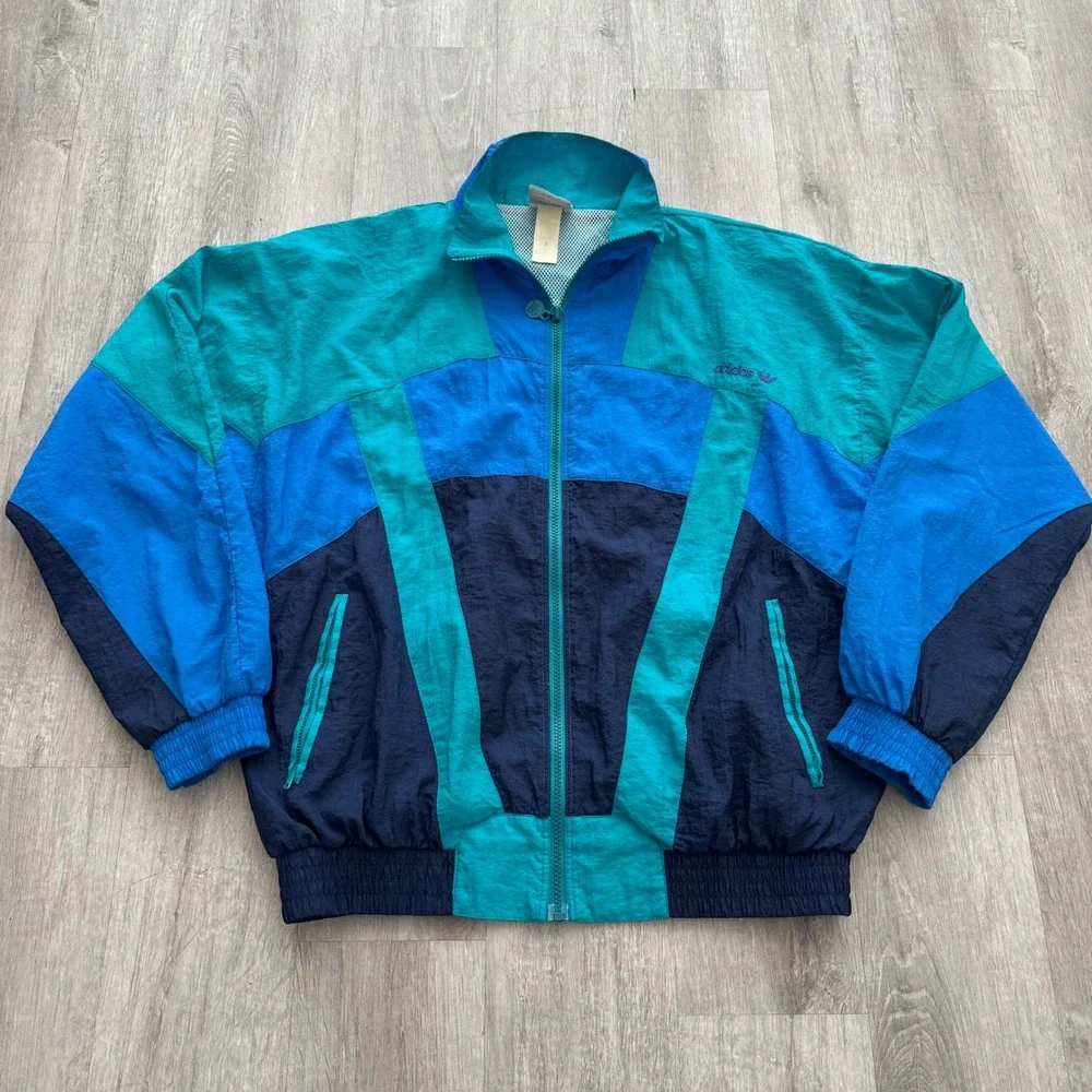 Vintage 80's Adidas Colorblock Track Jacket Mens Medium Teal Blue Windbreaker